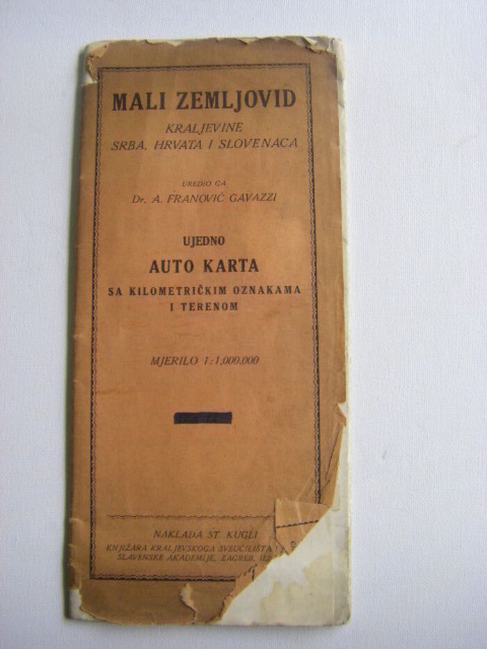 Mali Zemljovid Kraljevine Srba, Hrvata i Slovenaca. Ujedno Auto Karta sa kilometrickkim oznakama i terenom.
[Motor touring map of the Kingdom of the Serbs, Croats and Slovenes]. Image