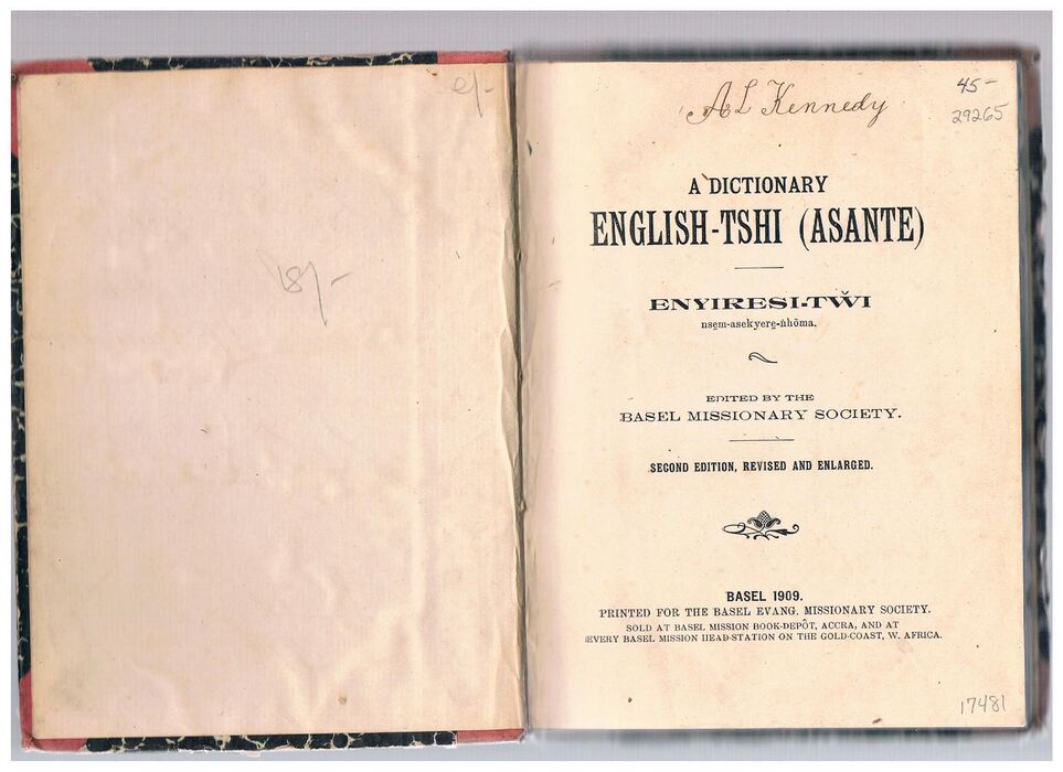A Dictionary English-Tshi (Asante):
Enyiresi-Twi.  Edited by the Basel Missionary Society.  Second Edition, revised and enlarged. Image