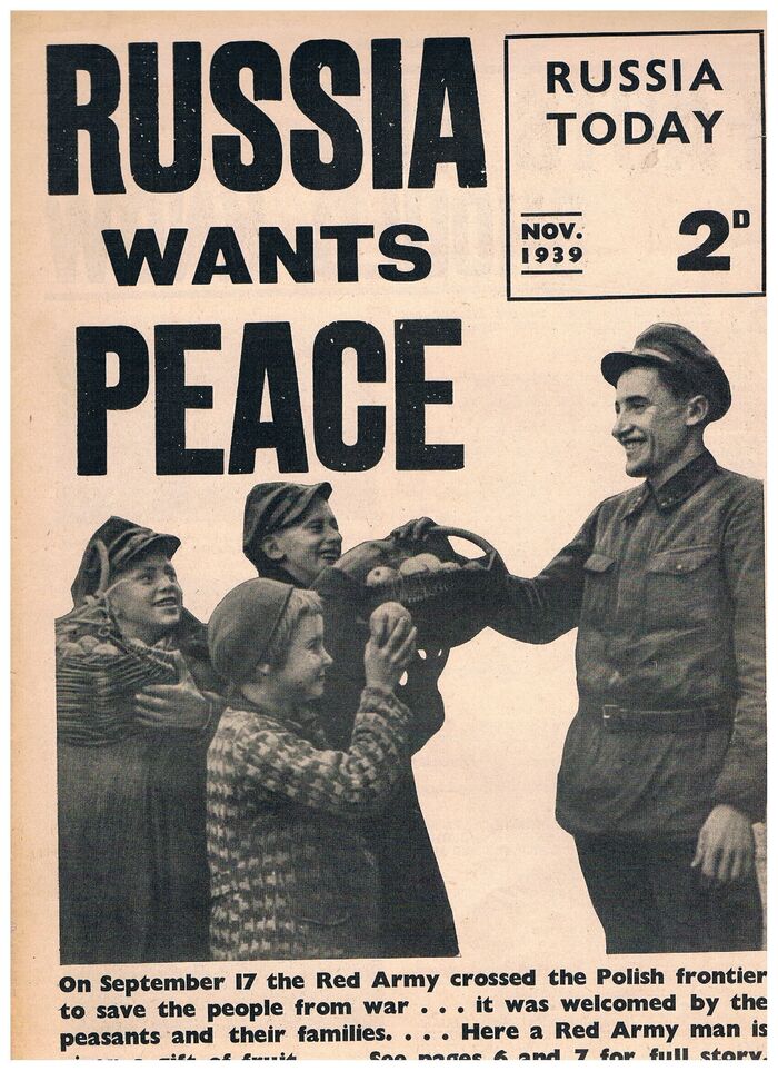 Russia Today:
Nov. 1939. On September 17 the Red Army crossed the Polish frontier to save the people from war... it was welcomed by the peasants and their families... Here a Red Army man is given a gift of fruit... See pages 6 and 7 for full story. Image